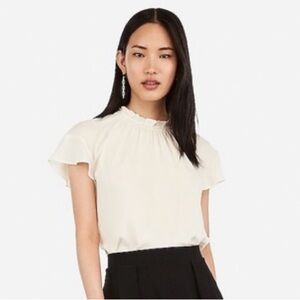 NWT Express | Women’s Ivory Ruffle Neck Flutter Cap Sleeve Semi Sheer Top Size L